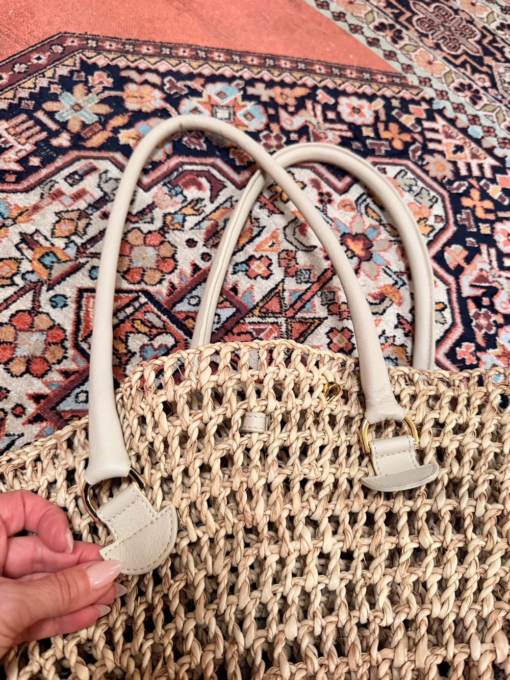 Eilaf Shamisa Braided Natural Straw Bucket Tote Ivory Leather Trim $395 - Picture 11 of 14